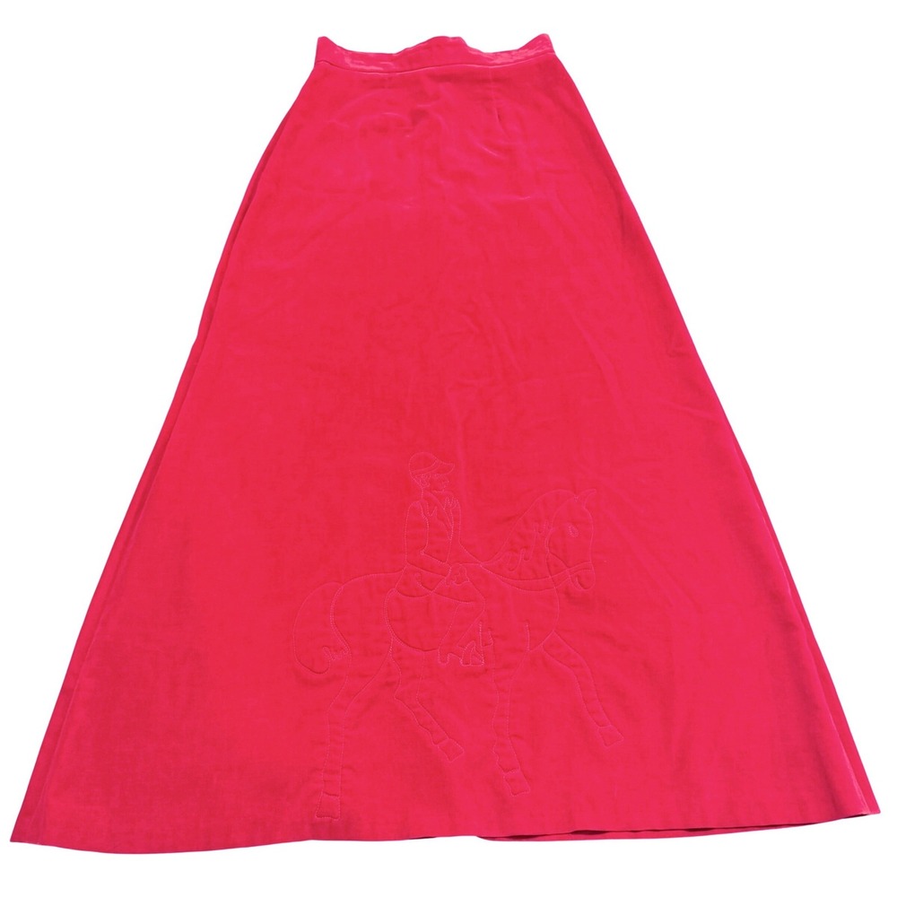 Vintage Red Velvet Maxi Skirt Quilted Horse Equestrian High Waist Red 28 Waist
